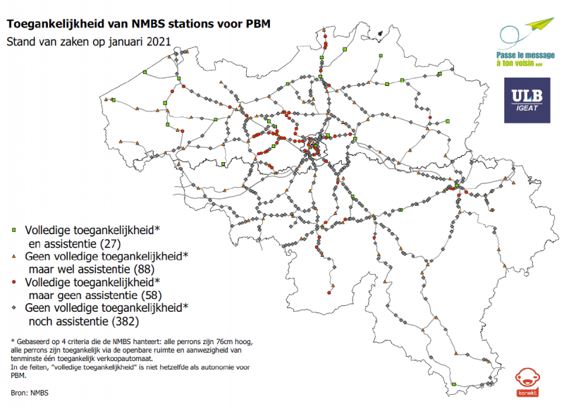 Kaart van België met een overzicht van toegankelijke en niet-toegankelijke stations