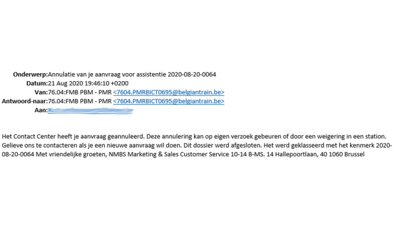 Mail met annulering van de NMBS